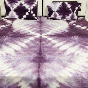 Handwoven Hand Tie Dye Cotton Double Bed Sheet with Pillows-Purple and White