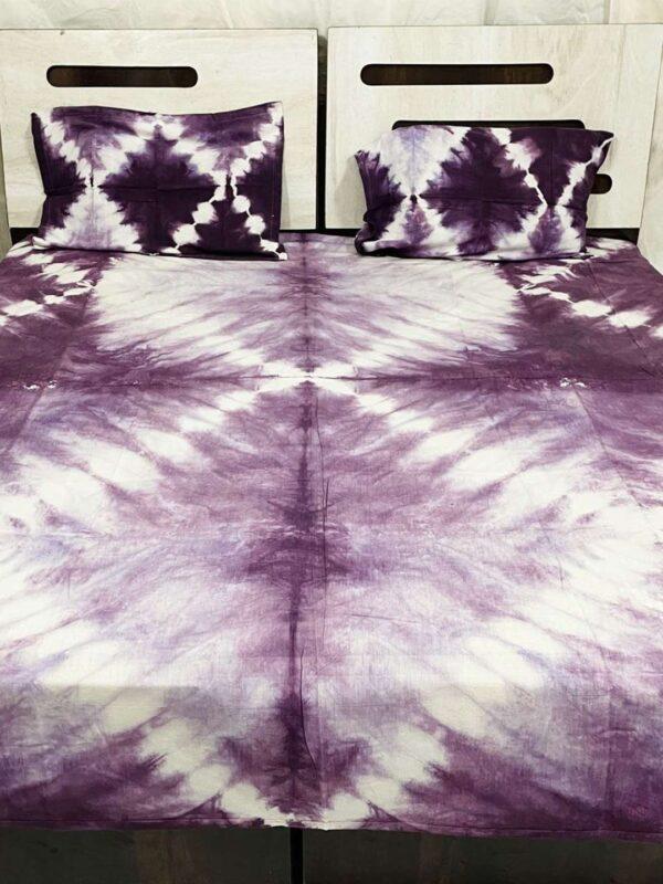Handwoven Hand Tie Dye Cotton Double Bed Sheet with Pillows-Purple and White