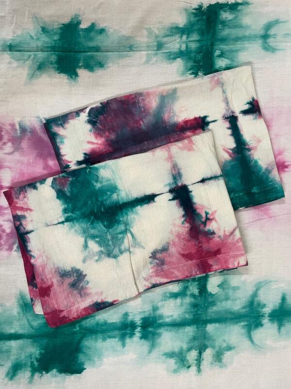 Handwoven Hand Tie Dye Cotton Double Bed Sheet with Pillows-Pink and Green - Image 2
