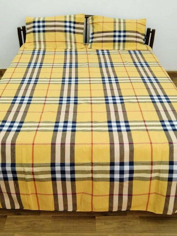 Handwoven cotton double bedsheet with pillow cover-Yellow, Red and Black checks - Image 2