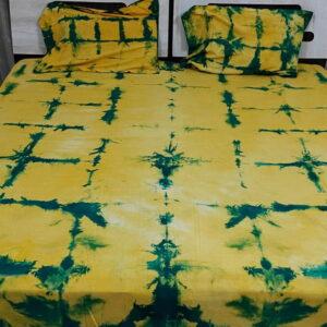 Handwoven Hand Tie Dye Cotton Double Bed Sheet with Pillows-Green and Yellow