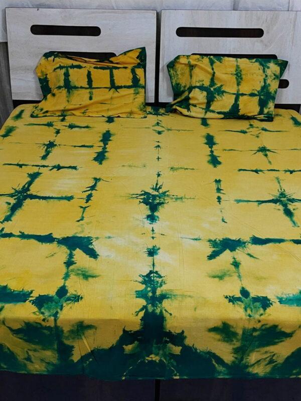 Handwoven Hand Tie Dye Cotton Double Bed Sheet with Pillows-Green and Yellow