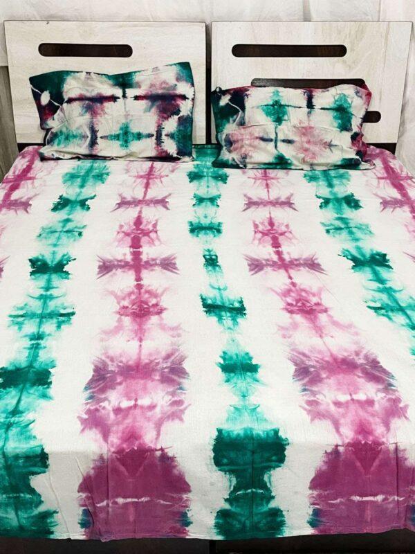Handwoven Hand Tie Dye Cotton Double Bed Sheet with Pillows-Pink and Green