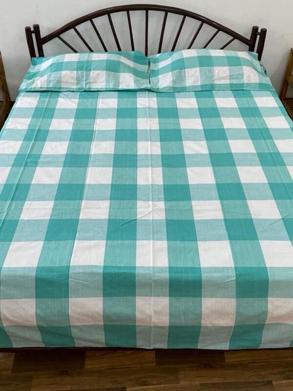 Handwoven Double Bed Cotton Bedsheet with Pillow Covers - White and Green