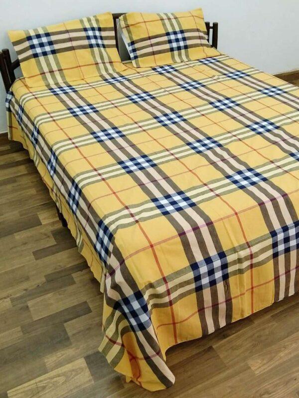 Handwoven cotton double bedsheet with pillow cover-Yellow, Red and Black checks