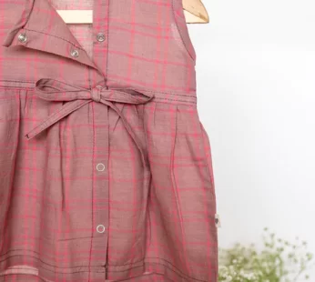 Big brown bear hug girls jhabla in warm sand and pink handwoven cotton checks