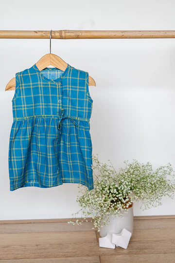 Happy as a clam girls jhabla in blue handwoven cotton checks - Image 2