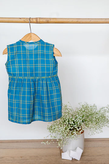 Happy as a clam girls jhabla in blue handwoven cotton checks - Image 3