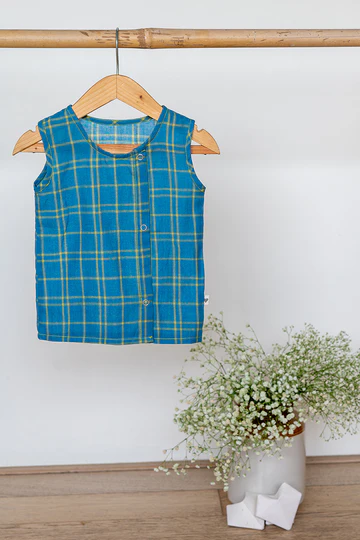 Happy as a clam unisex jhabla in blue handwoven cotton checks - Image 2