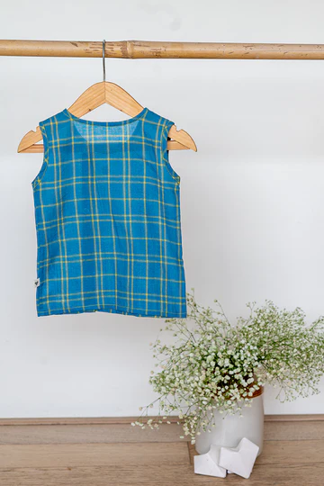 Happy as a clam unisex jhabla in blue handwoven cotton checks - Image 3