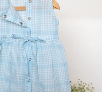 Whale of a time girls jhabla in blue handwoven cotton checks