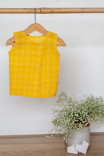 Joys of spring unisex jhabla in yellow handwoven cotton checks - Image 2