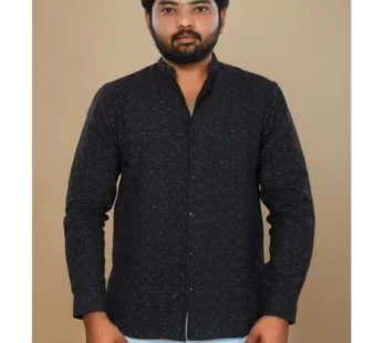 Black ikat mandarin collar full sleeves shirt for men