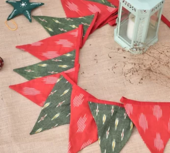 Fabric christmas bunting in red and green ikat