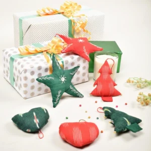 Christmas decorations set - stars, hearts, christmas trees - set of six assorted fabric toys