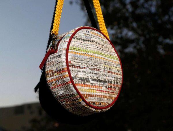 Handwoven Newspaper Circular Sling Bags – Maroon Lining
