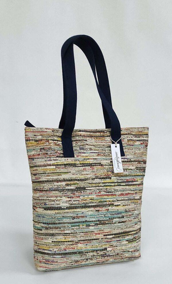 Handwoven Newspaper Tote Bag – Navy Handle
