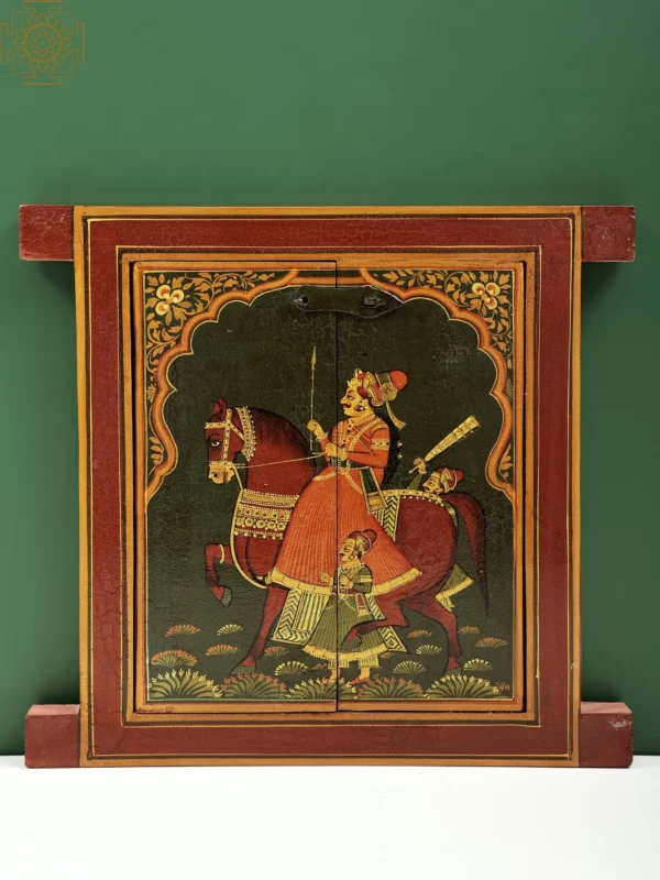 13" Hand Painted King Riding Horse Painting Jharokha (Window) | Handmade - Image 3