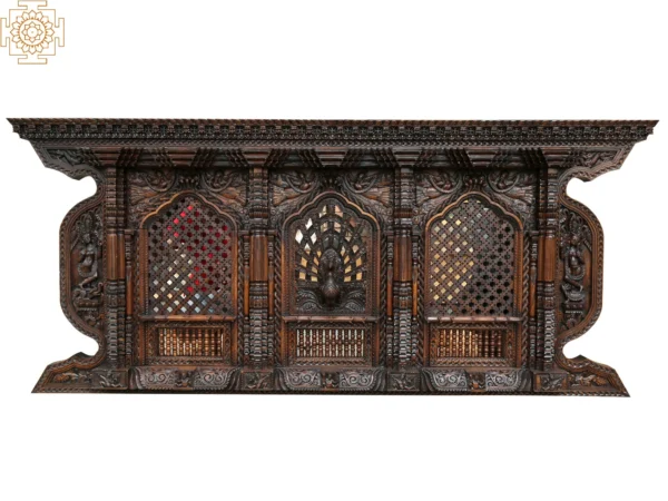 42'' Large Peacock and Nepalease God Window | Wooden | Nepalese Handicrafts