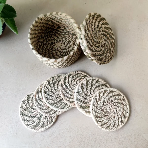 Handwoven Sabai Grass Coasters - Pack of 6 round ones with 1 container - Image 2