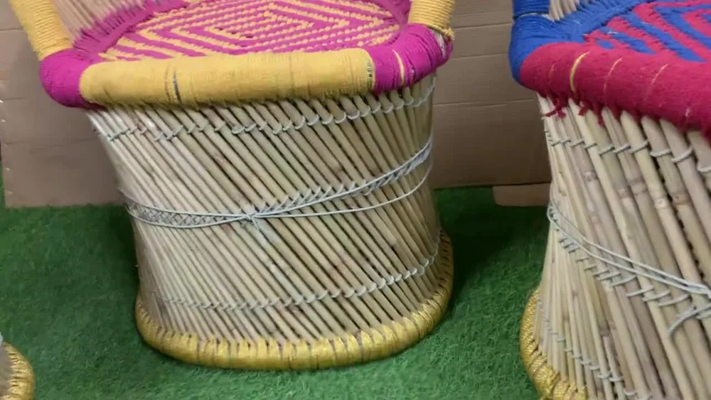 Round Natural Weaving Bamboo Mudda Brown with Table - Image 2