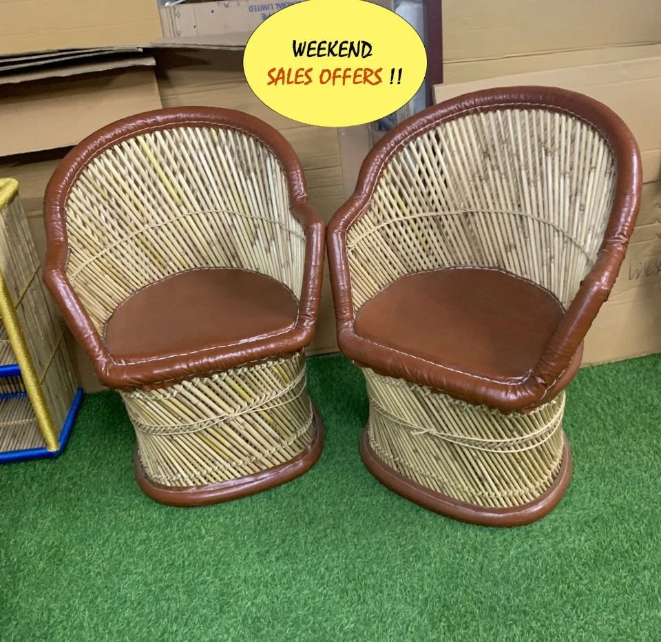 Round Natural Weaving Bamboo Mudda Brown with Table - Image 5