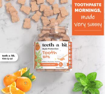 teeth-a-bit kids anti-cavity anti-plaque multi-protection pro enamel tangerine mint tooth bits, eco-friendly, sls free, plant based kids (5-12 years) toothpaste tablets (1 pack, 60 count)