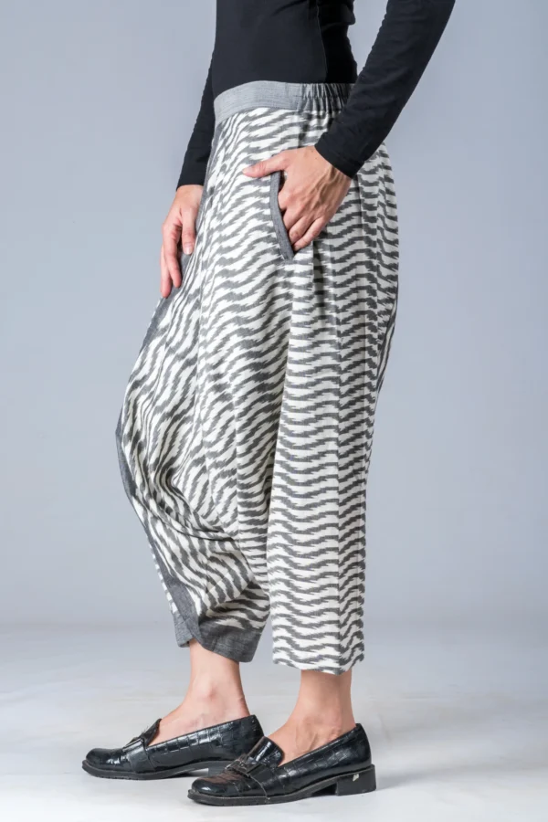 White and Grey Ikat Waves - Turkish Mid Length Pant - Image 2
