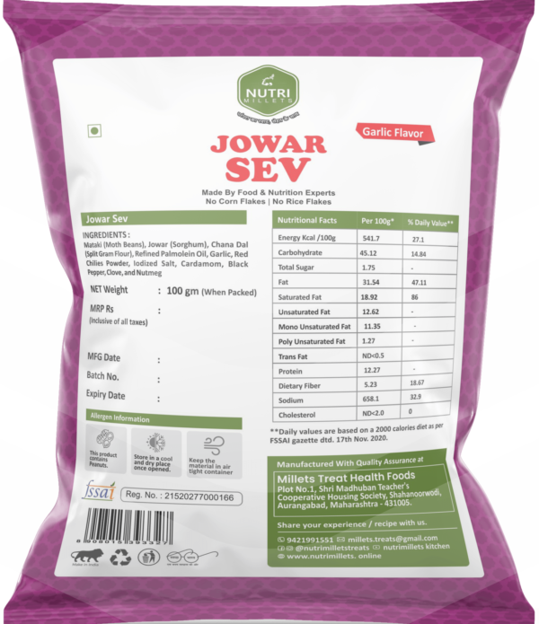 Nutrimillets Namkeen – Jowar Sev – Garlic Flavor (50 grams) - Image 2