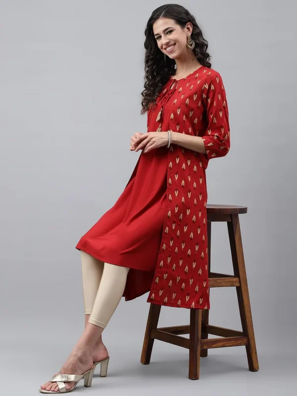 Janasya Women's Red Crepe Ikat Printed Jacket Style Kurta - Image 4