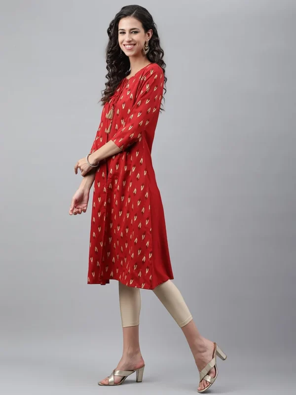 Janasya Women's Red Crepe Ikat Printed Jacket Style Kurta - Image 3