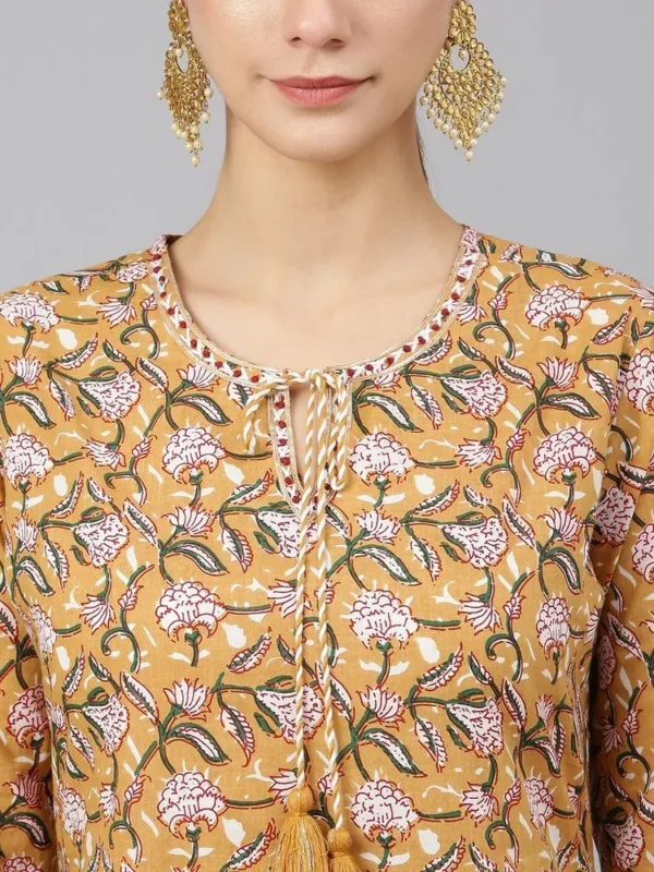 Janasya Women's Light Brown Cotton Floral Print Kurta with Pant and Dupatta - Image 3