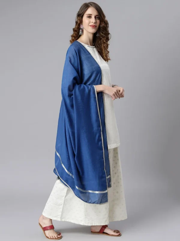 Janasya Women''s Off- White Poly Silk Ethnic Motifs Kurti with Palazzo and Dupatta - Image 2