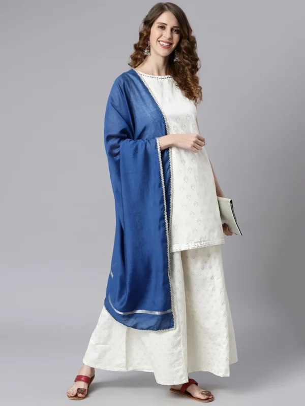 Janasya Women''s Off- White Poly Silk Ethnic Motifs Kurti with Palazzo and Dupatta - Image 4