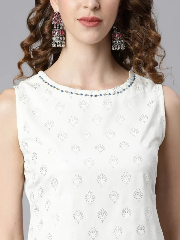 Janasya Women''s Off- White Poly Silk Ethnic Motifs Kurti with Palazzo and Dupatta - Image 3