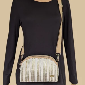 Golden Shimmery White Striped Upcycled Handwoven Taco Sling (TSL0724-005) PS_W