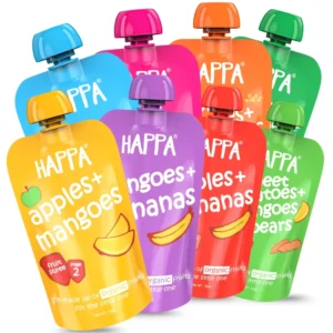 Happa Healthy Baby Food Puree Travel Pack | Natural Fruits, Grains and Vegetables | No Added Sugar, No Milk Powder, No Preservatives | Stage 2 (6 Months+) | Ready to Eat | Free from Common Allergens | Pack of 8 (100g Each)